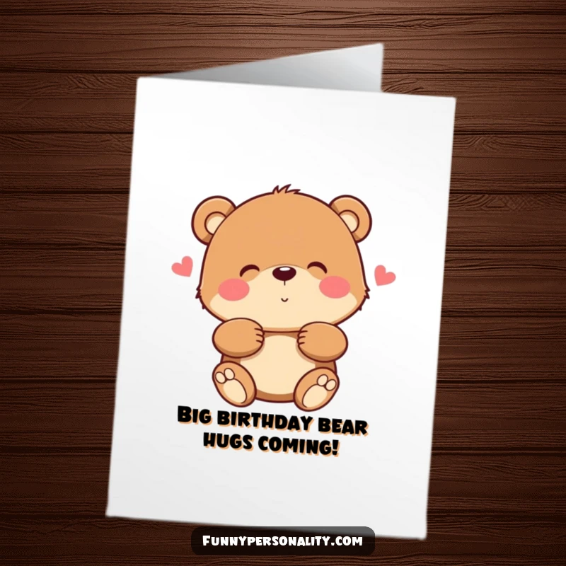 Funny Free Printable Birthday Card: A friendly bear character offering a giant, warm, and fuzzy hug with a smile.