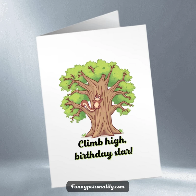 Funny Free Printable Birthday Card: A determined squirrel scaling an incredibly, comically tall oak tree with intense focus.