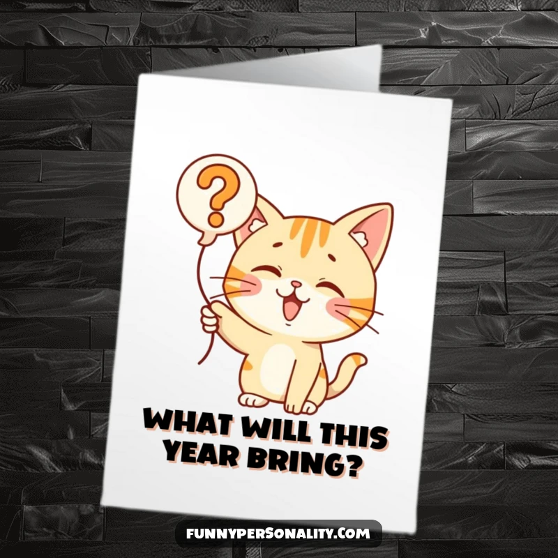 Funny Free Printable Birthday Card: A curious cat pointing excitedly at a giant question mark balloon, adding intrigue to birthday wishes.