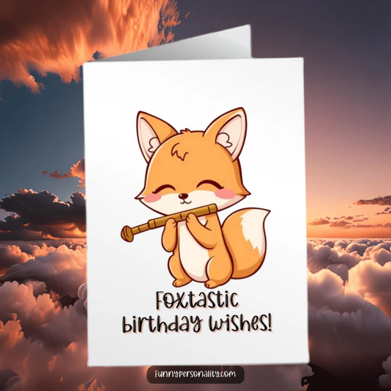 Funny Free Printable Birthday Card: A cheerful fox plays a tiny flute with eyes closed, lost in a happy melody.
