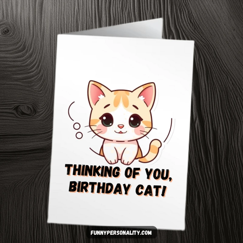 Funny Free Printable Birthday Card: A curious cat peeking from a thought bubble, contemplating birthday wishes with humor.