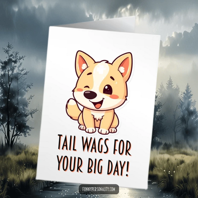 Funny Free Printable Birthday Card: A cheerful dog character joyfully wagging its tail with pure excitement and happiness.