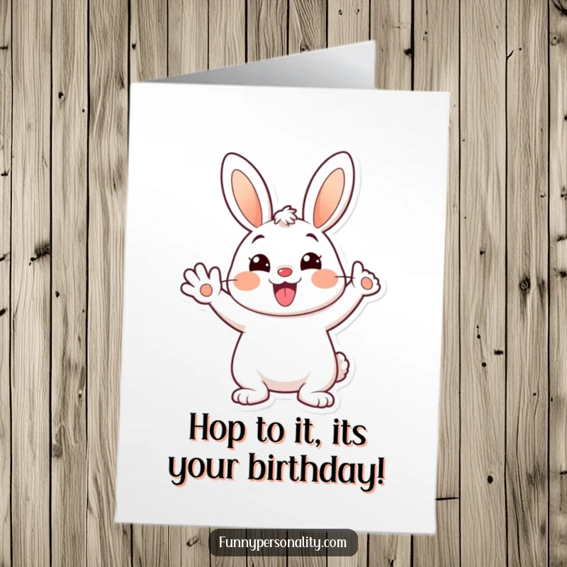 Funny Free Printable Birthday Card: A very happy bunny with a huge smile waves enthusiastically, radiating pure joy and celebration.