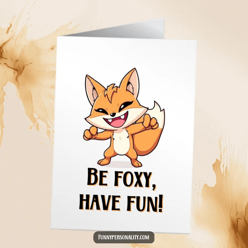 Funny Free Printable Birthday Card of a grinning fox character striking a dramatic, heroic pose, celebrating with playful bravery.