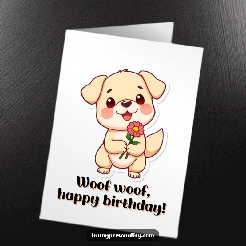 Funny Free Printable Birthday Card: A small dog with a happily wagging tail enthusiastically presents a beautiful flower.