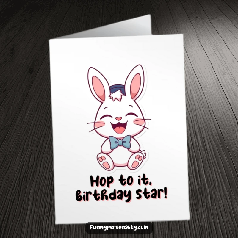 Funny Free Printable Birthday Card: A distinguished bunny wearing a hat and bow tie, laughing uncontrollably with joy.