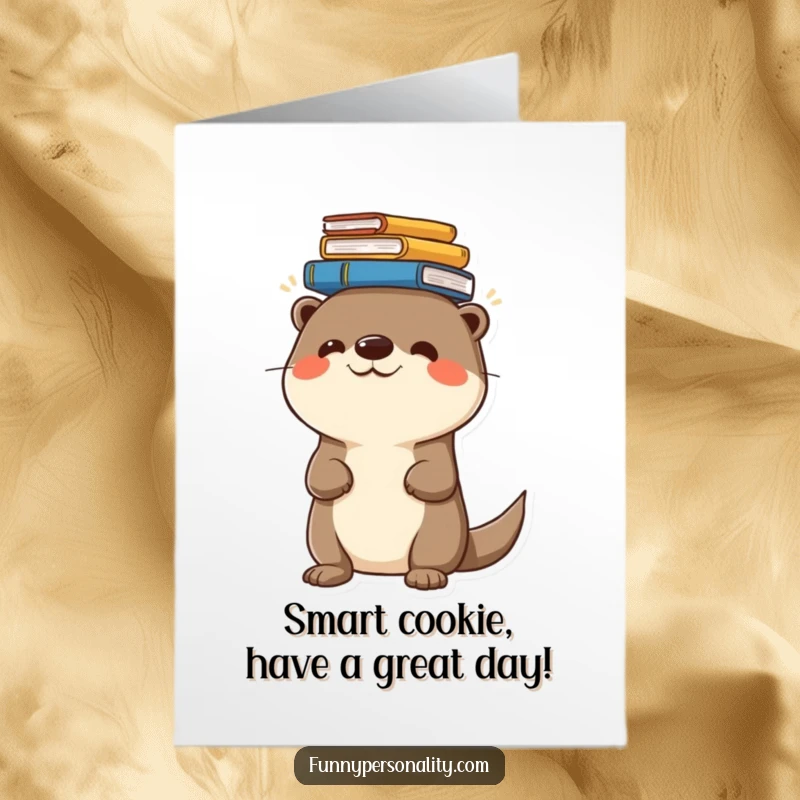 Funny Free Printable Birthday Card: a cheerful otter character humorously balances a tall stack of books on its head.