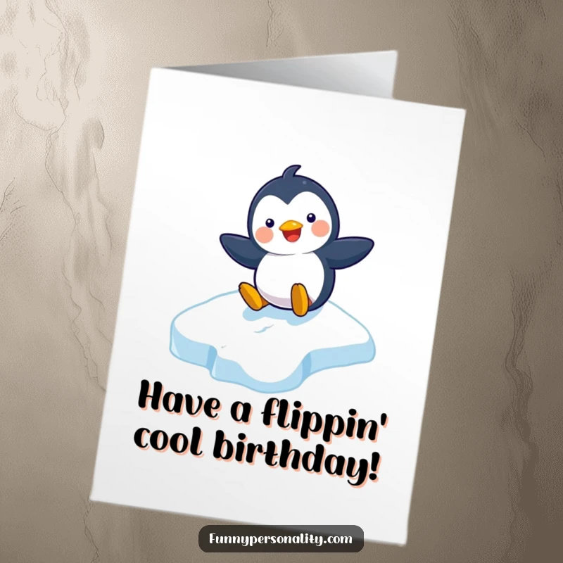 Funny Free Printable Birthday Card: Playful penguin with a big grin sliding gleefully down an icy slope.