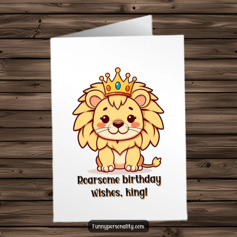 Funny Free Printable Birthday Card: A proud lion posing regally, wearing a tiny, cute crown with an air of noble authority.