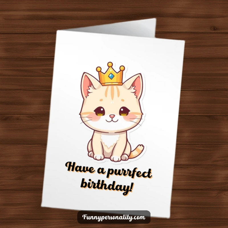 Funny Free Printable Birthday Card: A regal cat wearing a golden crown surveys its kingdom, wishing a happy birthday with dignity.