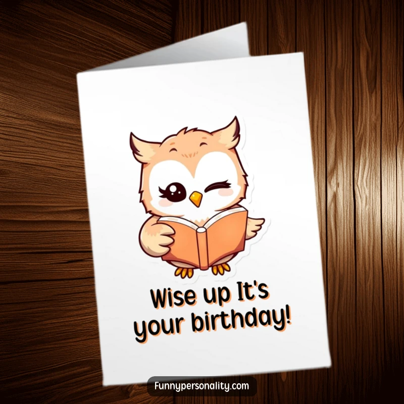 Funny Free Printable Birthday Card featuring a winking owl holding an open book with its wing, a delightful literary birthday surprise.