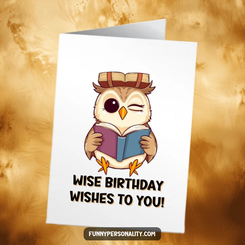 Funny Free Printable Birthday Card: A winking owl with a wide grin, reading a book held upside down with comical concentration.