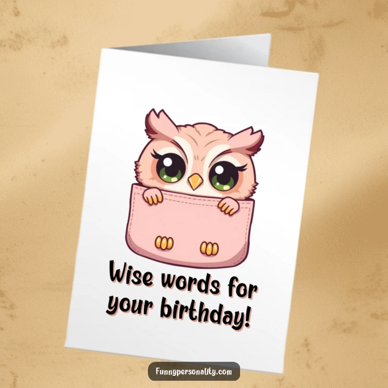 Funny free printable birthday card shows a curious owl with wide eyes peeking from a large pocket.