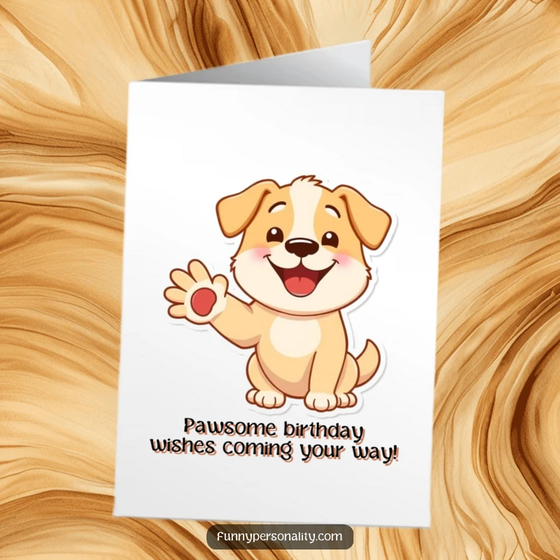 Funny Free Printable Birthday Card featuring a friendly dog with a big smile offering a paw for a Happy Birthday wish.