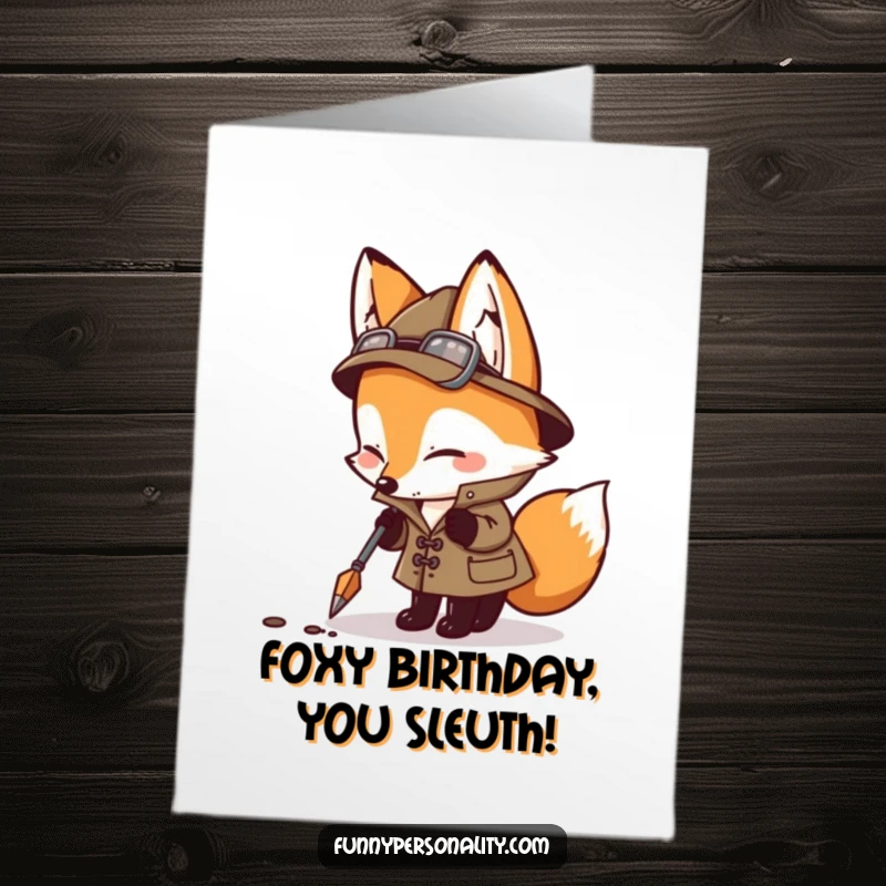 Funny Free Printable Fox Detective Card: A clever fox in a trench coat sniffs for birthday clues, ready to solve the mystery of your celebration.