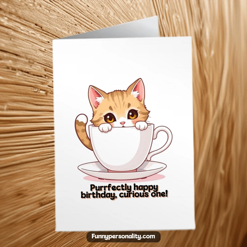 Funny free printable birthday card of a curious cat peeking into an enormous teacup, filled with wonder and playful intent.