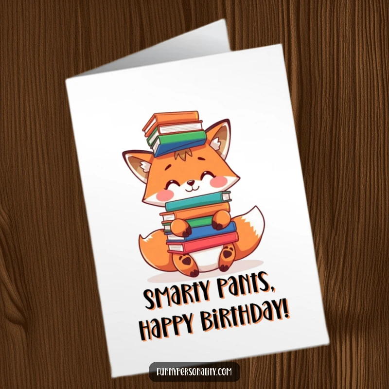 Funny free printable birthday card of a playful fox concentrating hard to balance a tall stack of books on its head, a clever design.