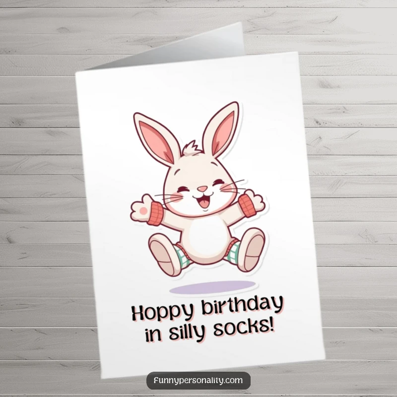 Funny free printable birthday card of a happy rabbit hopping with a huge grin, sporting comically oversized and mismatched socks, a fun download.