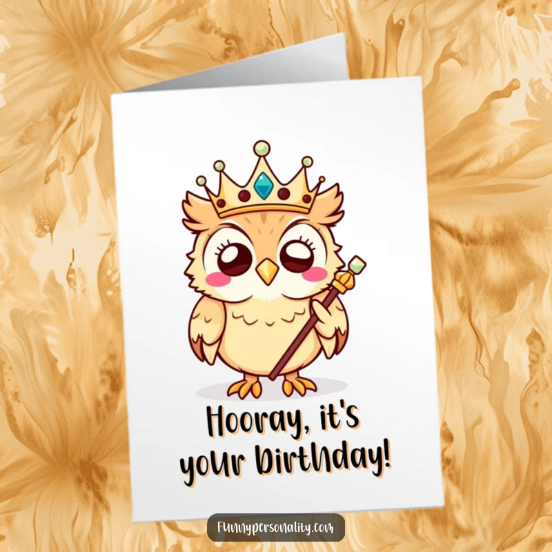 Funny Free Printable Owl Birthday Card: A giggling owl king wearing a crown and holding a scepter, celebrating royally.