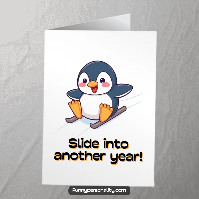 Funny Free Printable Birthday Card: Happy penguin comically sliding down an icy slope, spreading joy and cheer.