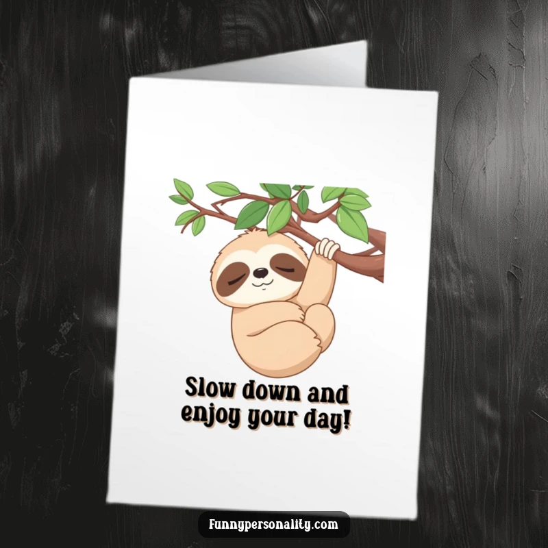 Funny Free Printable Birthday Card: Serene sloth hanging from a branch, a relaxing downloadable wish.