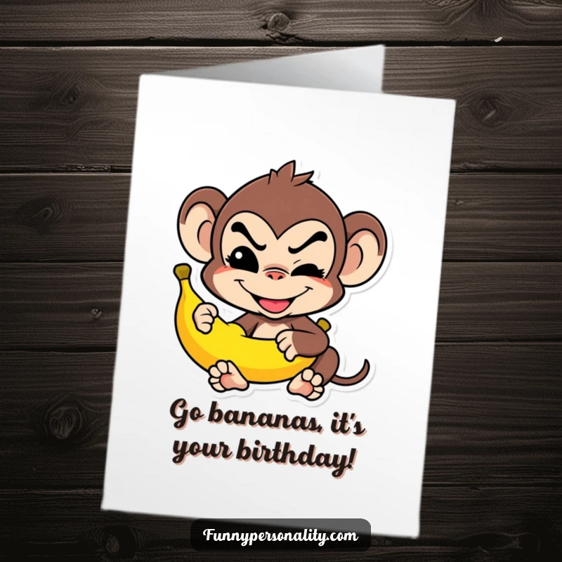 Funny Free Printable Birthday Card: Mischievous monkey grinning while balancing a banana, a playful downloadable wish.
