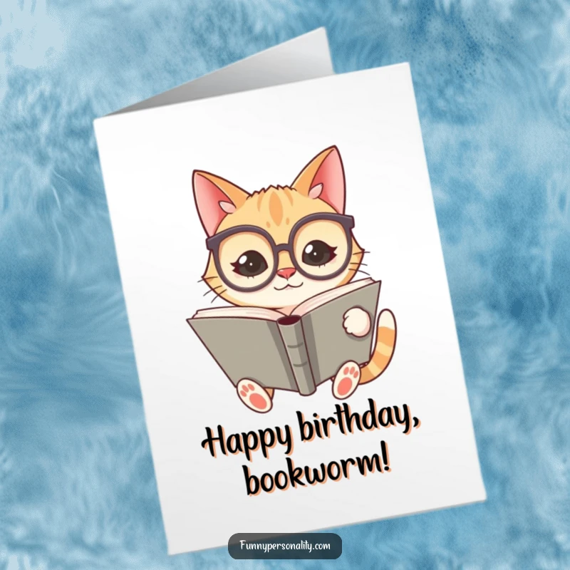 Funny Free Printable Birthday Card: a silly cat character wears oversized spectacles and intently reads a giant, open book.