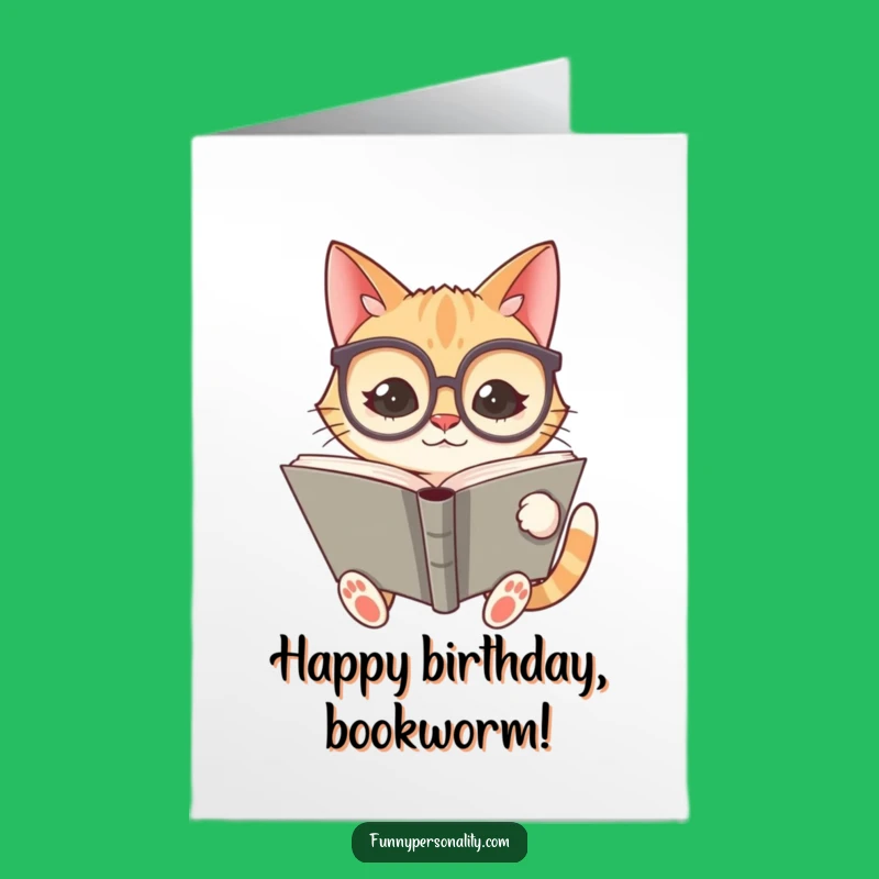 Free Printable Birthday Card: Silly Cat with Glasses Reads Giant Book