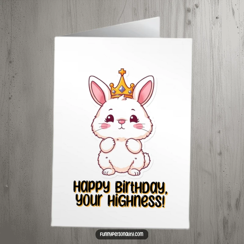 Funny Free Printable Birthday Card: A fluffy bunny wearing a tiny crown strikes a regal pose, looking majestic.