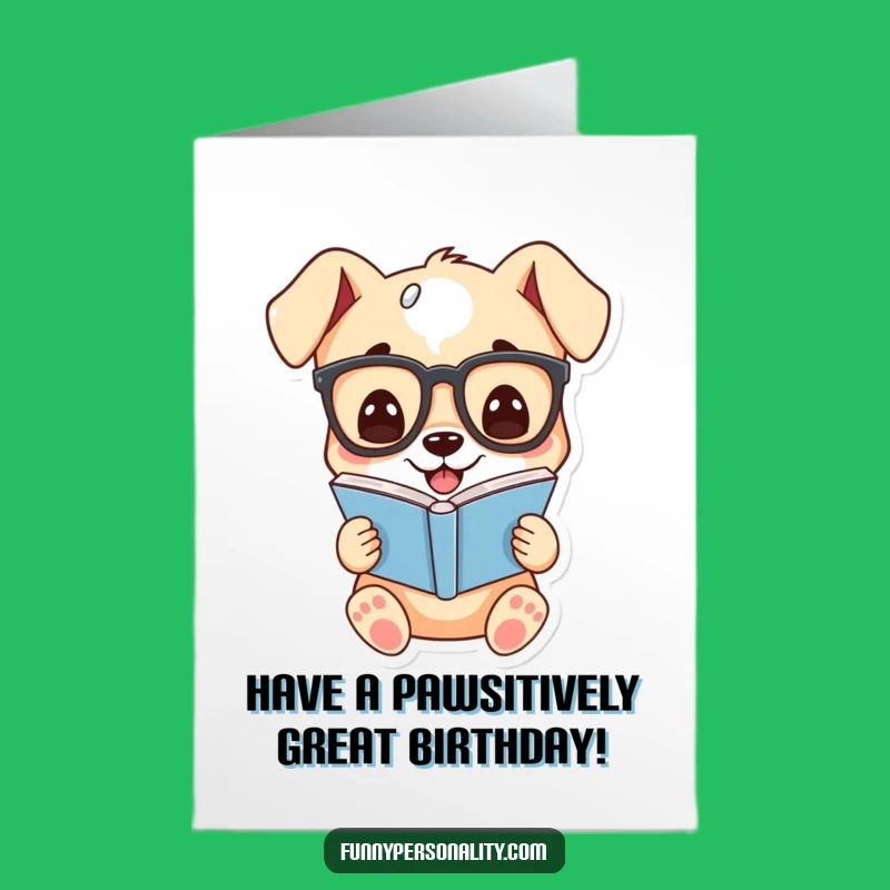 Free Printable Birthday Card: Funny Puppy Reads Book, Downloadable Birthday Humor Gift
