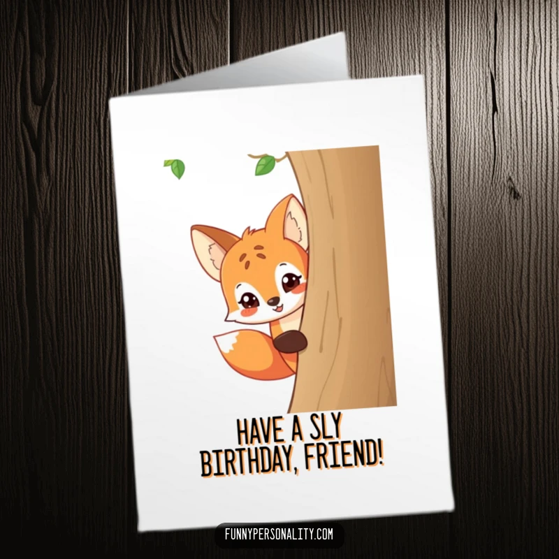 Funny Free Printable Birthday Card: A sly fox with a wicked grin peeks out from behind a tree trunk, planning fun.