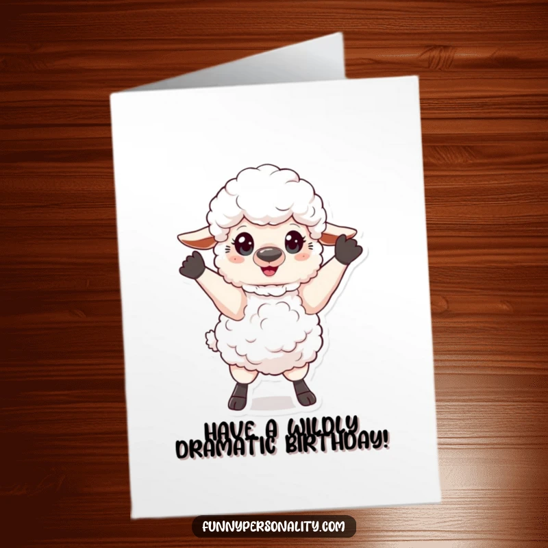 Free Printable Birthday Card: Fluffy sheep striking a grandiose, theatrical pose, perfect for a dramatic birthday wish.