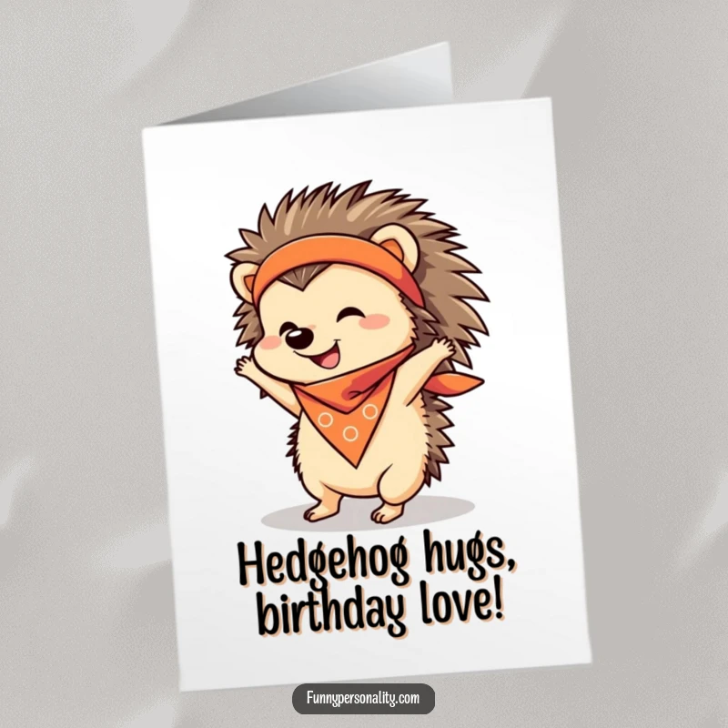 Funny Free Printable Birthday Card: A cheerful hedgehog in a bandana hilariously attempts a handstand, perfect for birthday wishes.