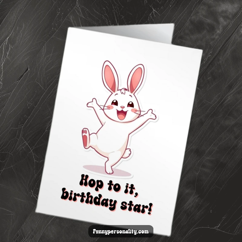 Funny Free Printable Birthday Card: Smiling rabbit mid-cartwheel, radiating pure, downloadable joy and excitement.