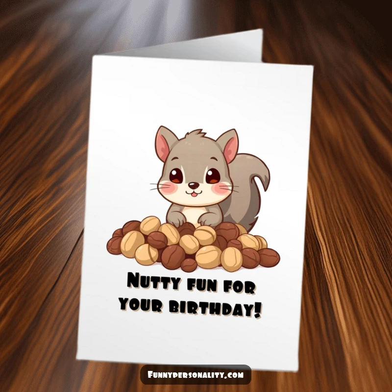 Funny Free Printable Birthday Card: A curious squirrel with wide eyes peeking from a large mound of acorns and nuts.