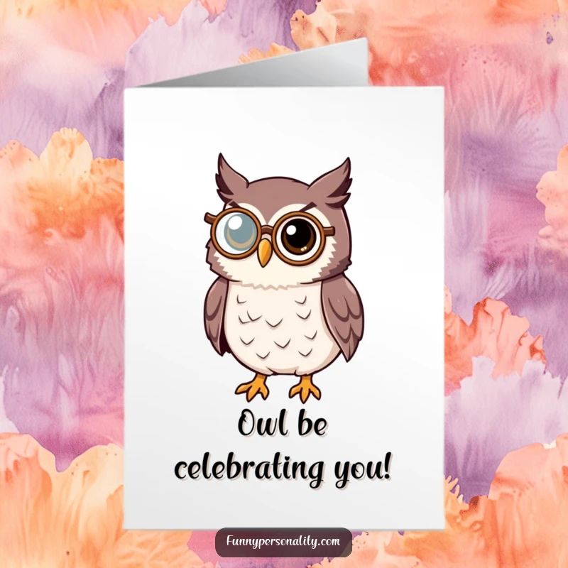 Wise free printable owl card, an owl with a monocle looking thoughtful, perfect for a birthday.