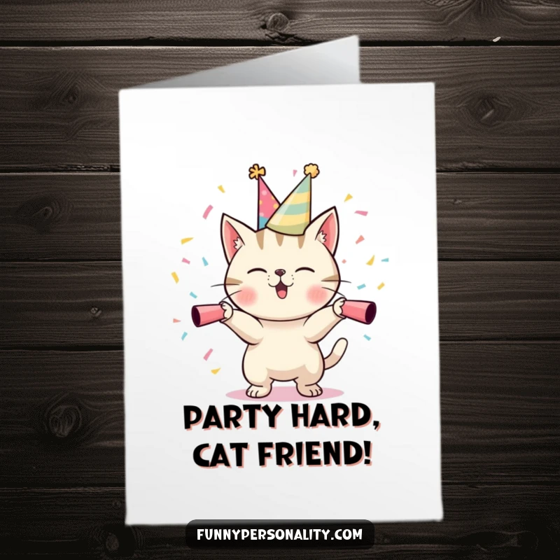 Funny Free Printable Birthday Card: A mischievous cat in a party hat launching confetti cannons with glee.