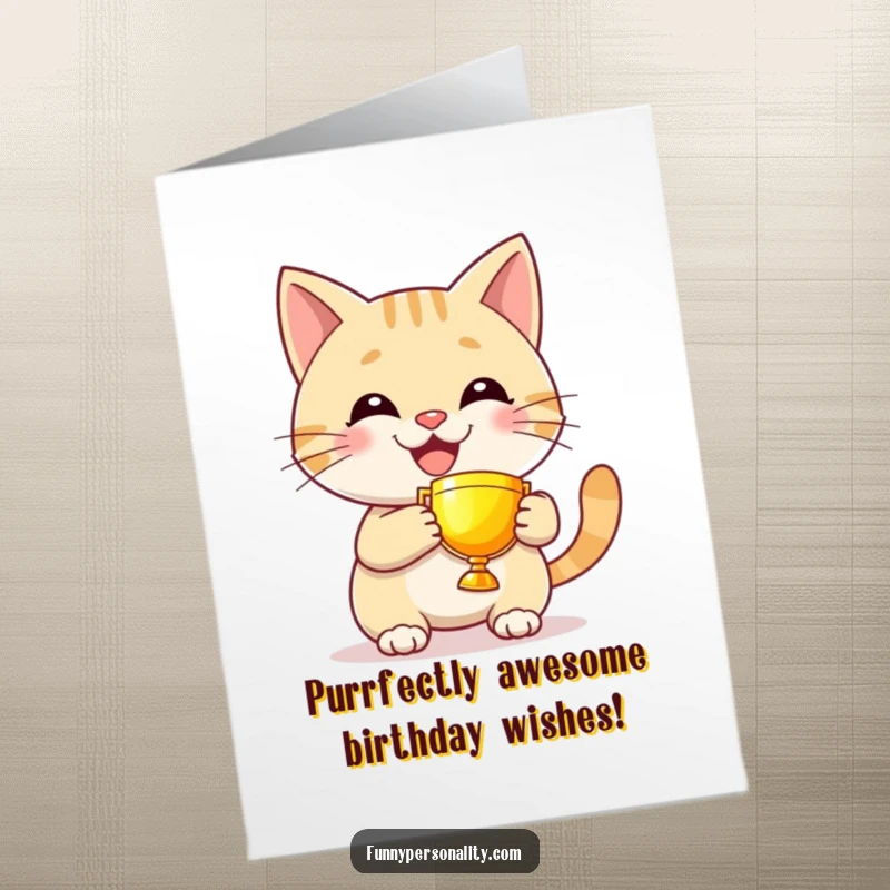 Funny Free Printable Birthday Card: Grinning cat proudly holds a tiny, glowing trophy, celebrating a win. Downloadable gift.