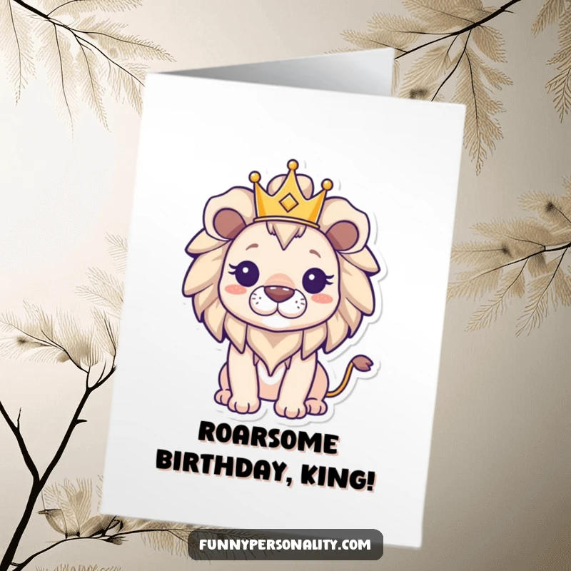 Funny Free Printable Triumphant Lion Birthday Card, regal lion in crown, perfect for a kingly, downloadable birthday wish.
