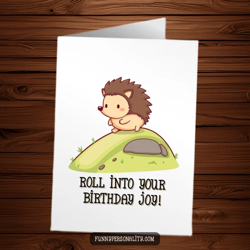 Funny Free Printable Birthday Card: Happy hedgehog rolling down a slope, a joyful downloadable wish.