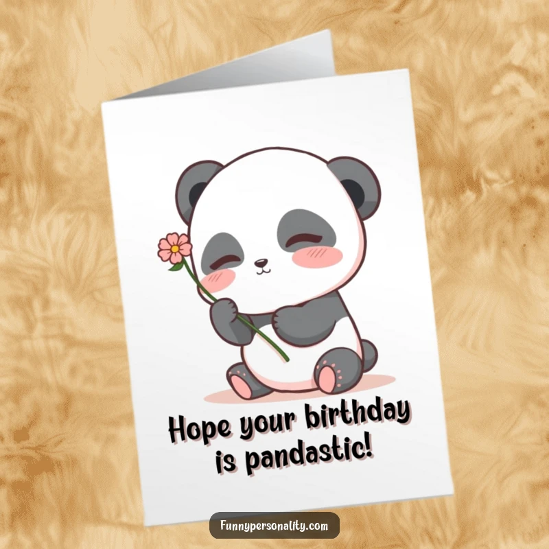 Shy free printable panda card, a panda blushing while holding a single flower, for a birthday.