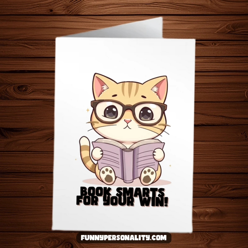 Funny Free Printable Congratulations Card: A cat with comically large glasses intensely studying a book, celebrating knowledge.