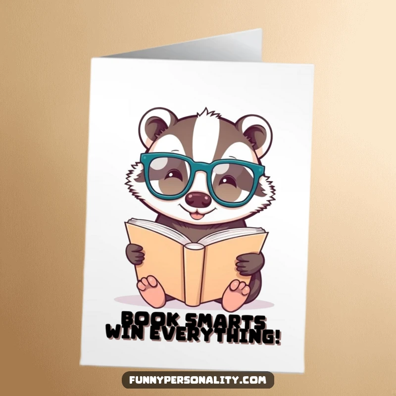 Funny Free Printable Congratulations Card: A cheerful badger in glasses reads a large book, signifying a great accomplishment. DIY.