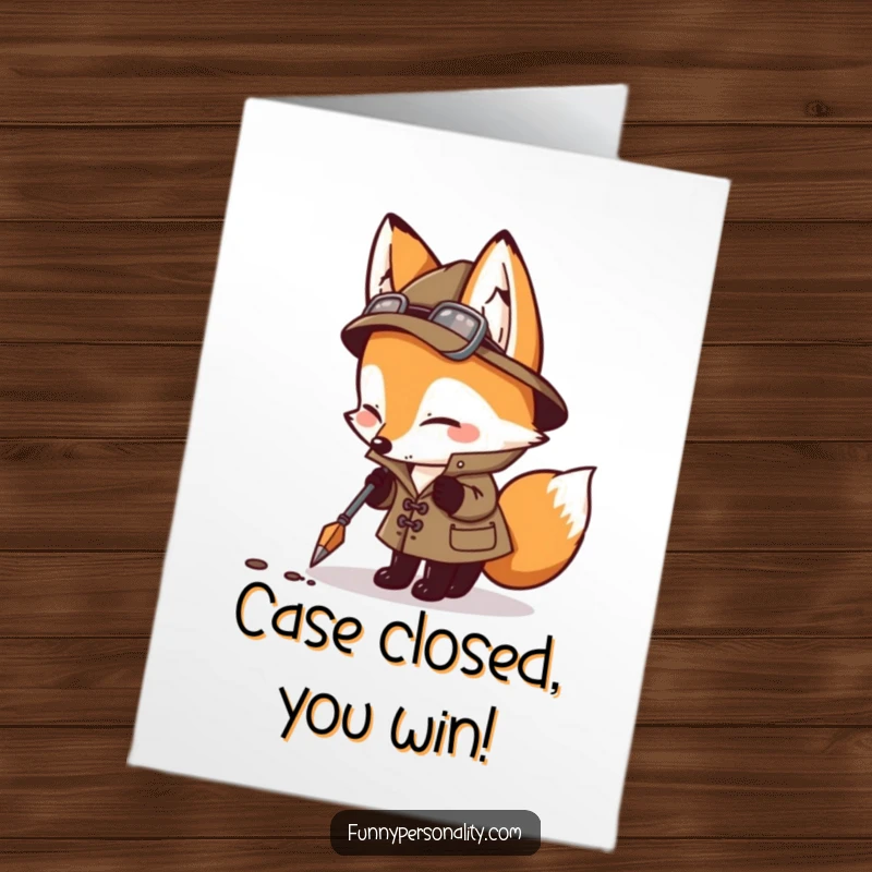 Funny Free Printable Fox Detective Card: A keen fox in a fedora sniffs out success, declaring congratulations with a playful investigative pose.