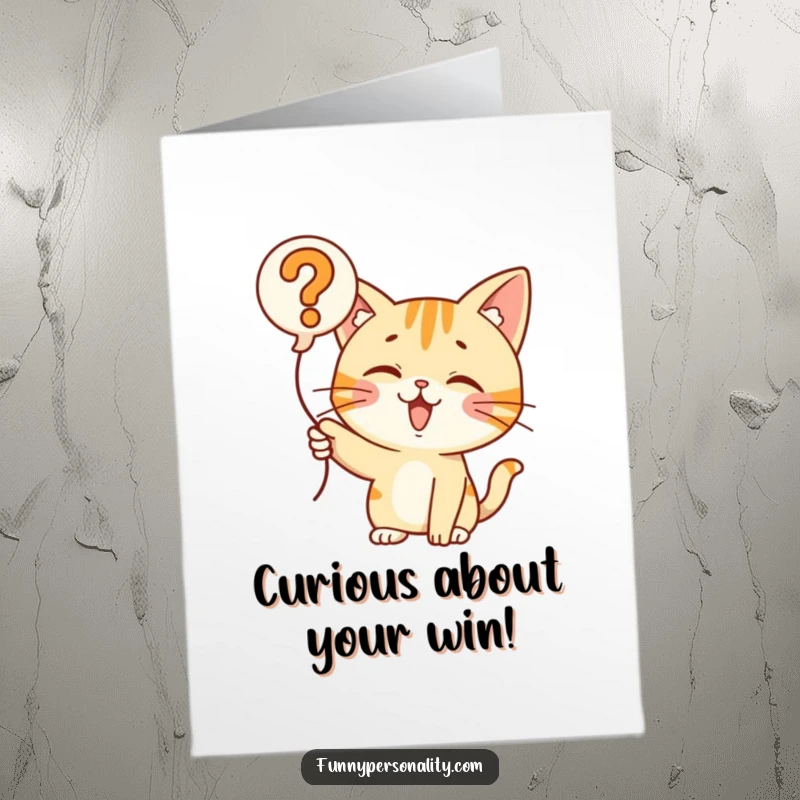 Funny Free Printable Congrats Card: A cat enthusiastically pointing towards a big question mark balloon, symbolizing exciting possibilities.