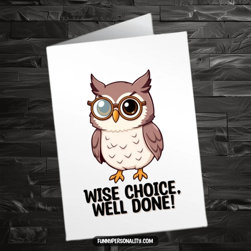 Distinguished free printable owl card, an owl wearing a monocle offering congratulations with wisdom.