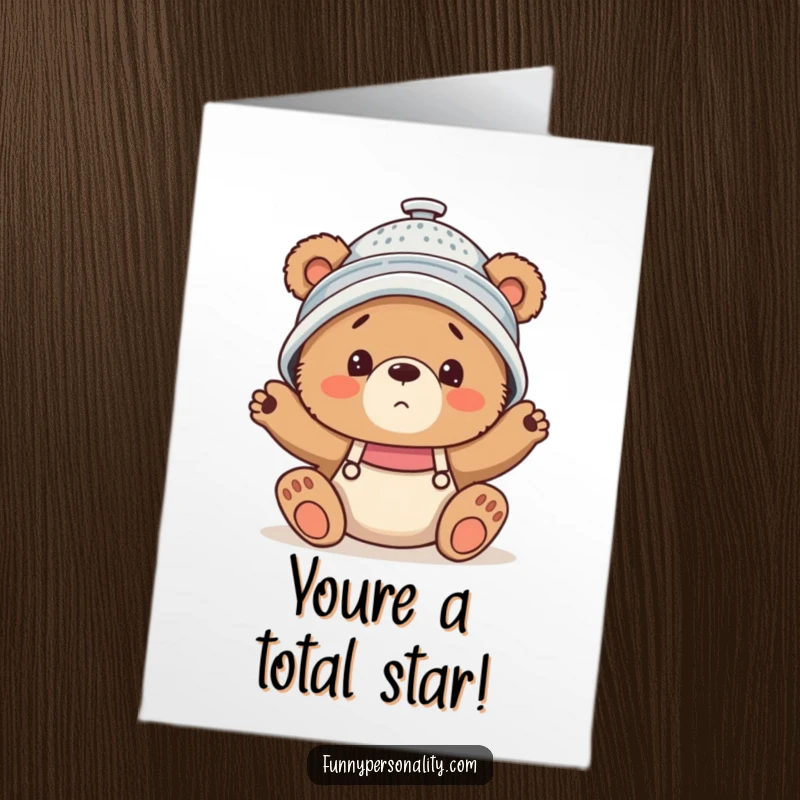 Funny Free Printable Congrats Card: A confused bear cub with a colander hat congratulates an unexpected success.