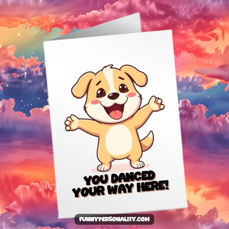 Funny Free Printable Congratulations Card: A dog doing a silly dance move, celebrating a success.