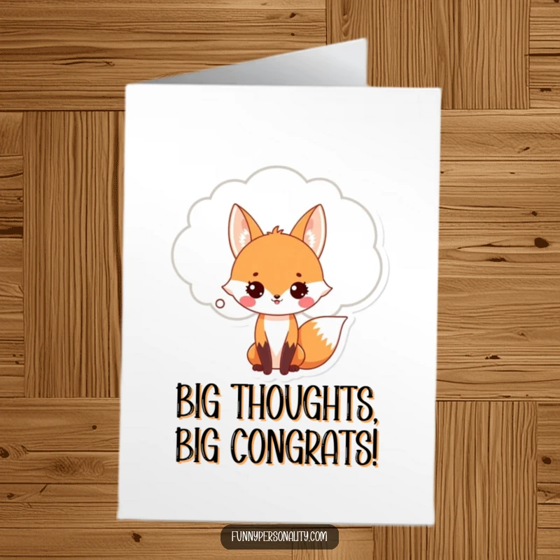 Funny Free Printable Congrats Card: Fox with a large thought bubble, conveying congratulations with a humorous twist.