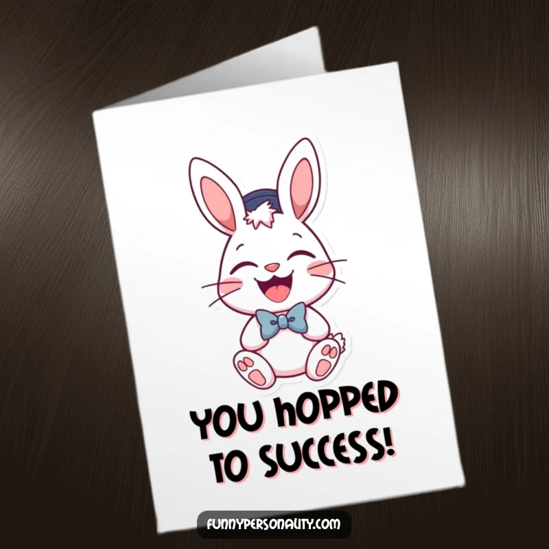 Funny Free Printable Congratulations Card: A sophisticated bunny in a hat and bow tie, chuckling with delight.